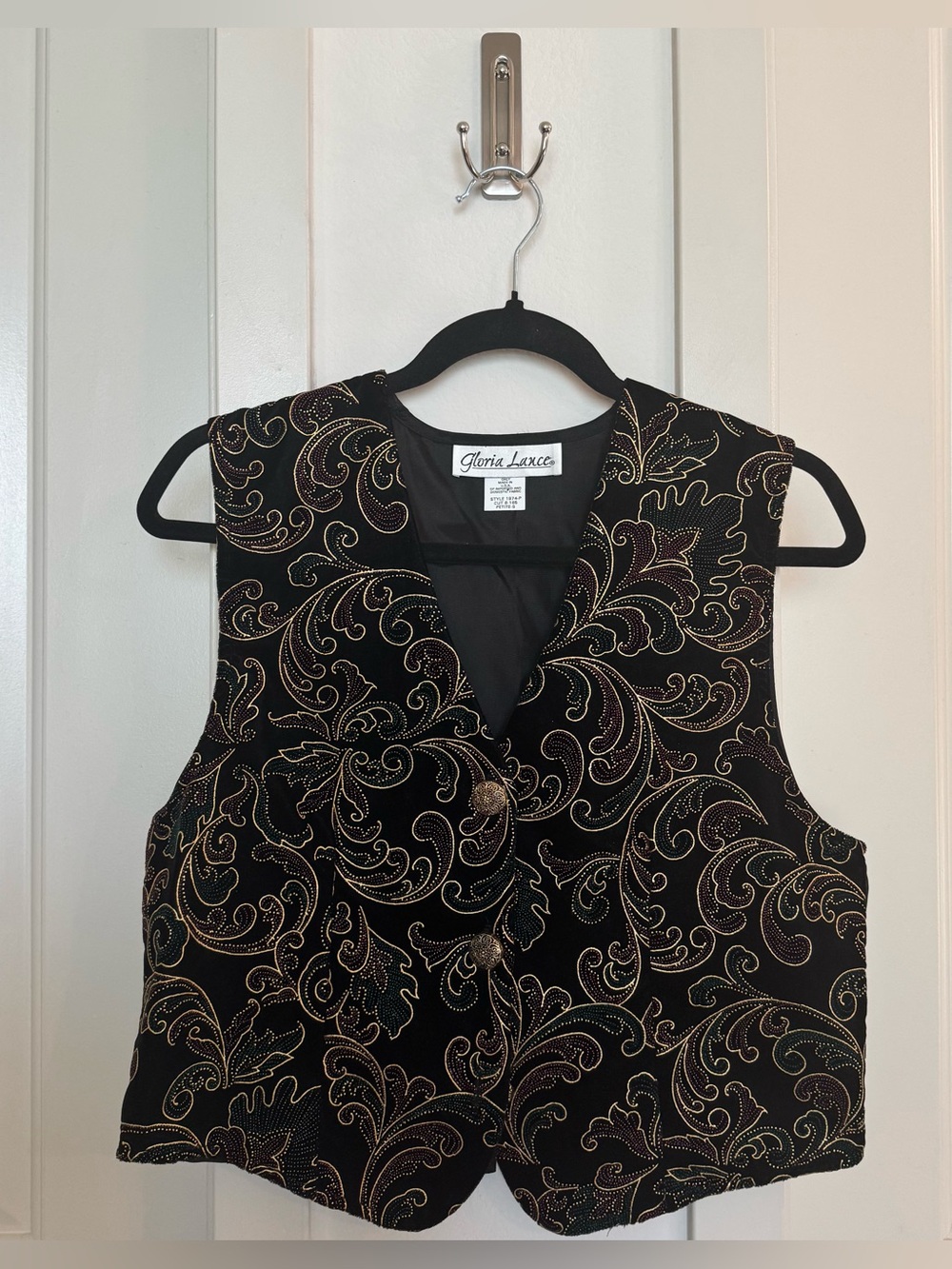 Vintage Gloria Lance Scroll Design Button Front Velvet Vest, Black, Petite Small